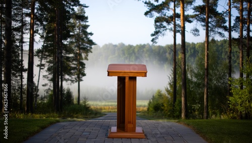 Wooden lectern in a forest with mist and trees
