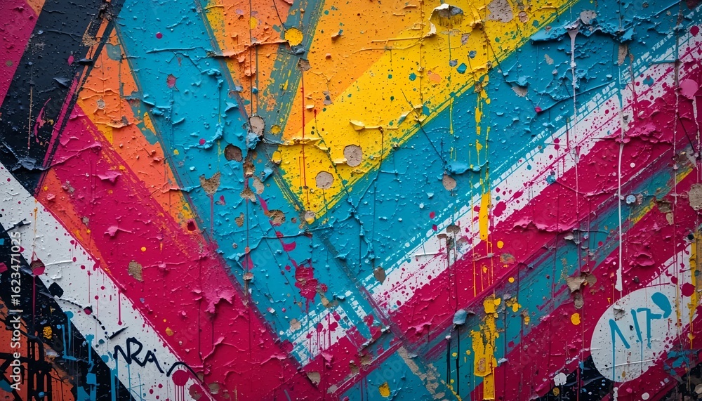 Fototapeta premium Close-up of abstract graffiti wall texture, bright spray-painted layers, vibrant colors.