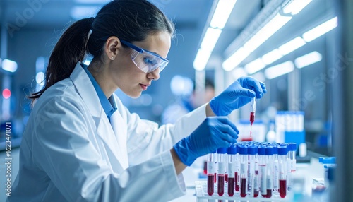 Focused Scientist Analyzing Blood Samples in a Bright Laboratory