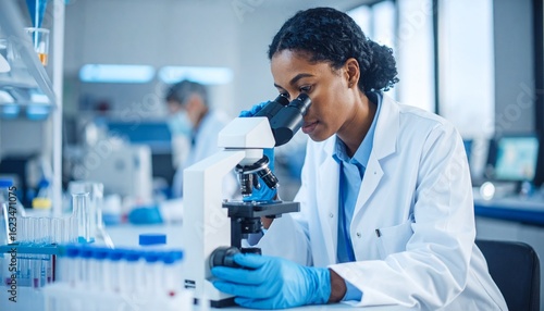 Focused researcher using a microscope in a modern laboratory setting