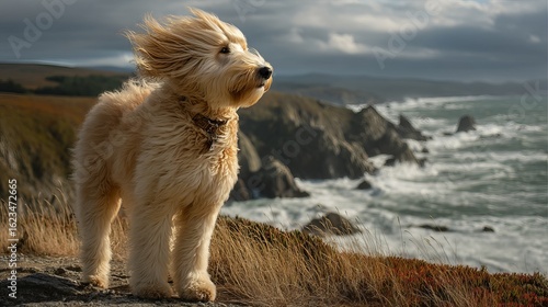Golden retriever mix standing on a cliff with wind-swept fur against a dramatic ocean backdrop.
