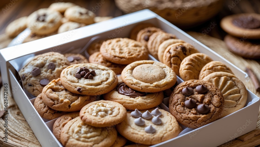 Variety of cookies in a white box with some other baked goods in the background. Variety of cookies in a white box with some other baked goods in the background.