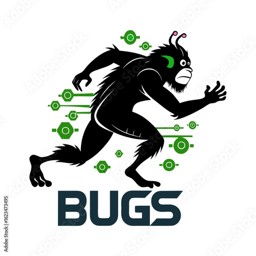 Silhouette of Coding Ape Dodging Bugs During Programming Sprint – Funny Developer Vector Art for Tech, Software, and Coding Projects