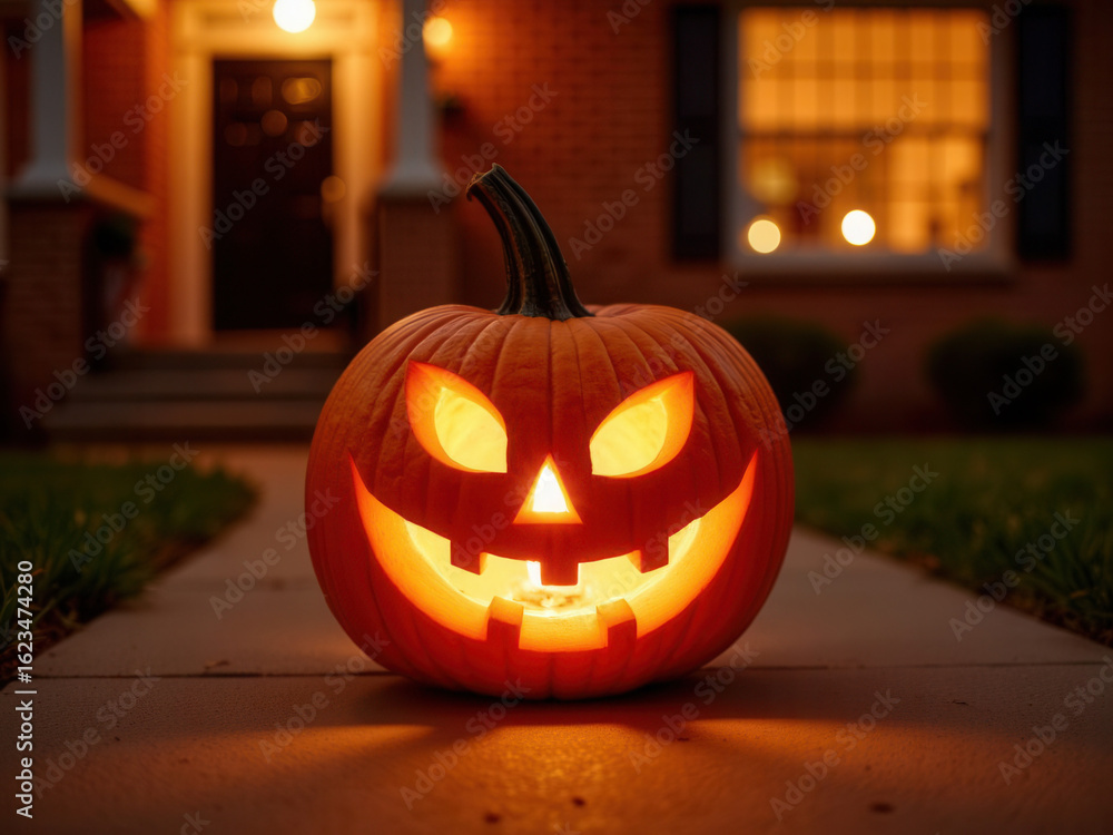 Fototapeta premium Lighted Halloween pumpkin with carved face on front porch at night 