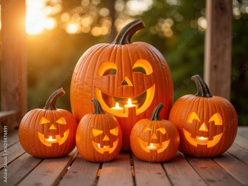 Obraz premium Halloween pumpkins with carved faces glowing on wooden deck at sunset 