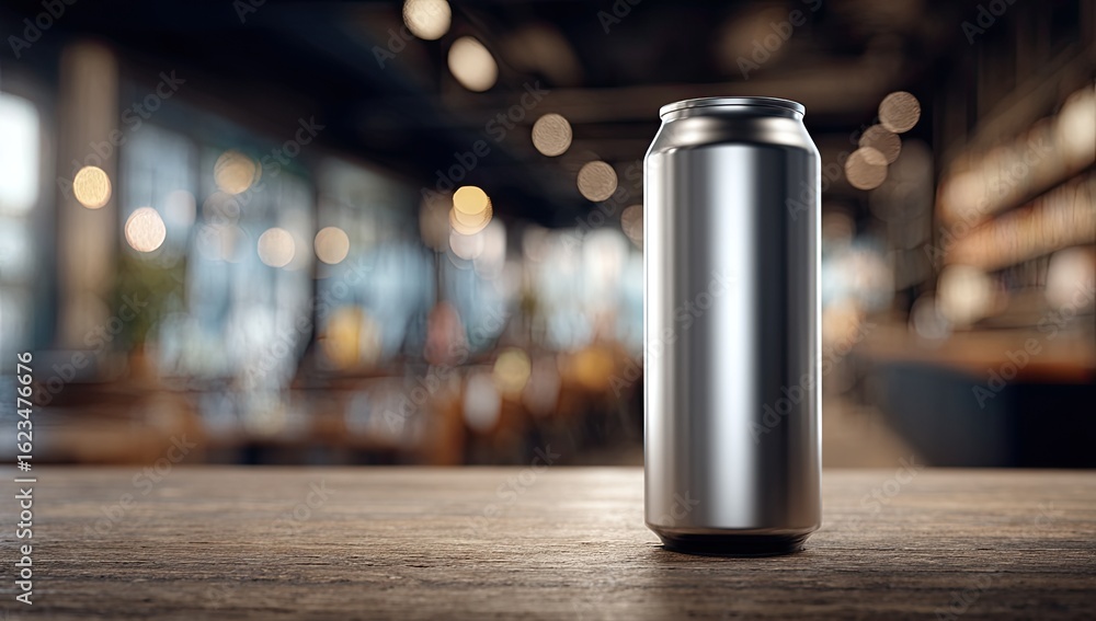 Fototapeta premium Metallic beverage can on a wooden surface, cafe background
