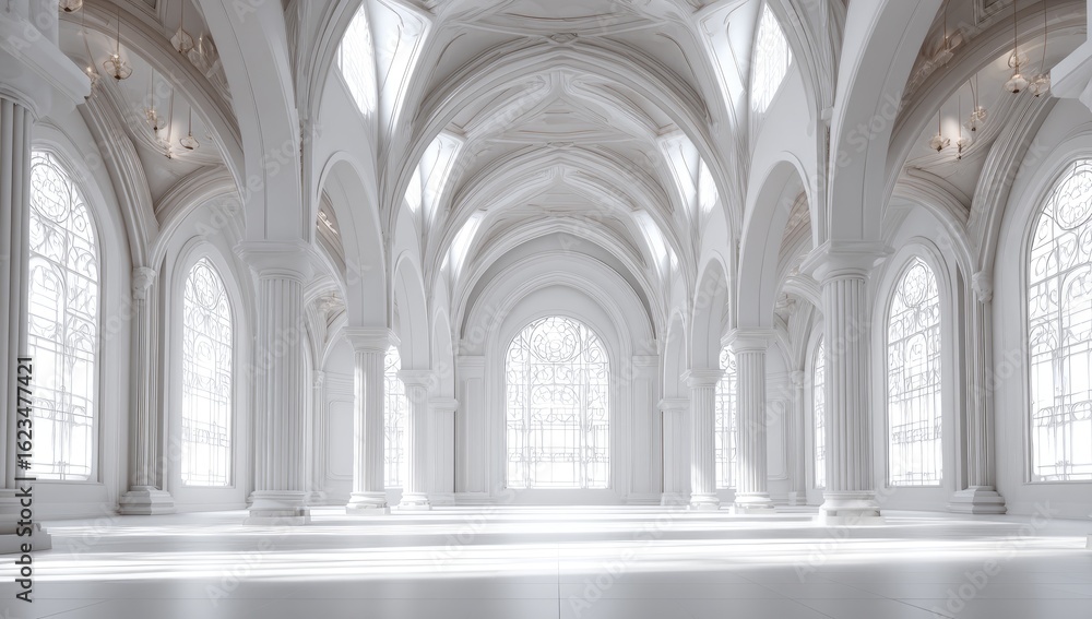 Fototapeta premium Grand, white, arched hall with stained glass windows. Vast, elegant space