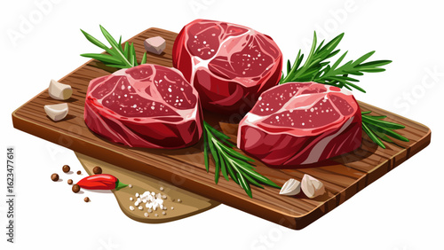 Raw beef filet mignon steaks with rosemary, pepper and salt on dark rustic board white  background