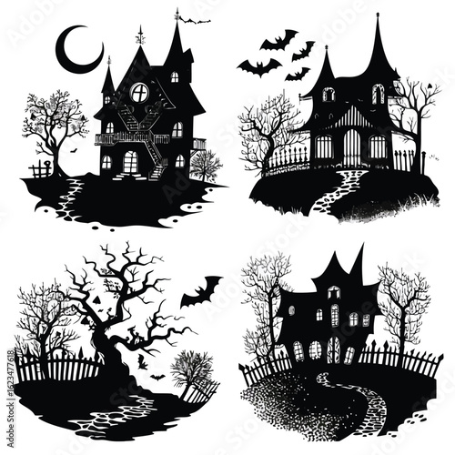 Vector illustration of spooky haunted houses in silhouette against a moonlit sky creating a chilling halloween night scene