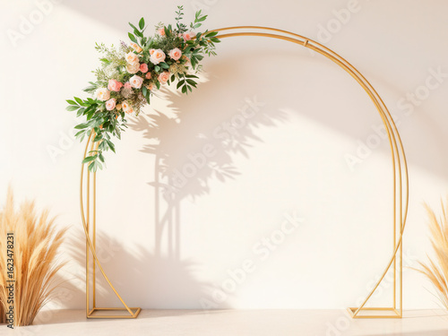Floral wedding arch with pink roses and greenery in modern decor  