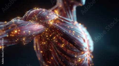 Detailed anatomical illustration of muscles, highlighted with glowing particles