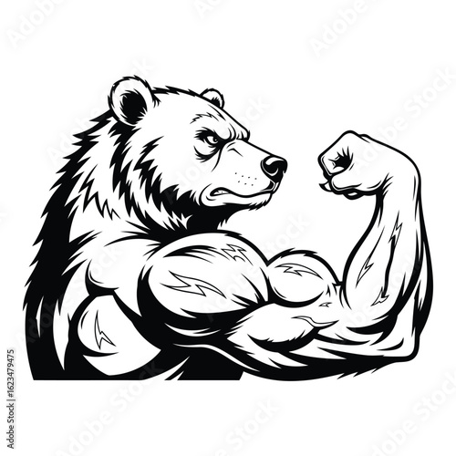 Powerful Bear with Muscular Arms Black and White Illustration Design for Fitness and Strength Concepts Isolated on White Background