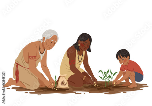 Three generations of indigenous women and a child planting seeds in the soil, with a bag of seeds nearby.