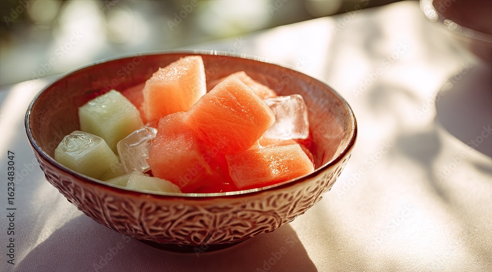 Cubed watermelon and cantaloupe in a decorative bowl with ice Cubed watermelon and cantaloupe in a decorative bowl with ice