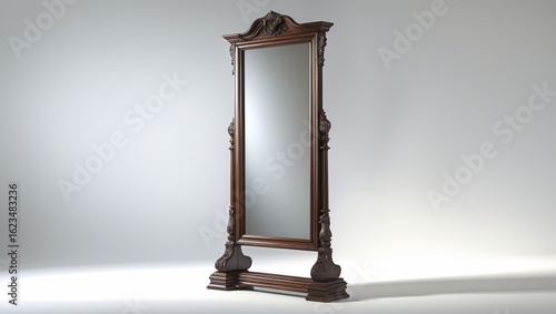 An antique wooden full-length mirror with ornate carvings and a decorative frame standing against a plain wall.