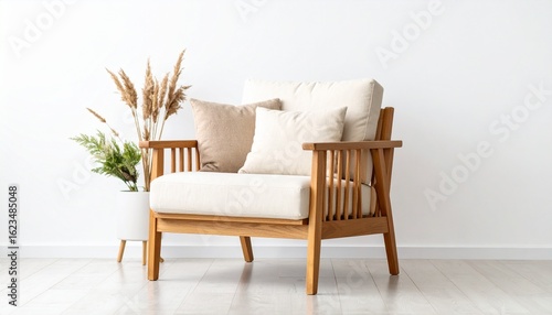 Cozy Wooden Armchair with Neutral Pillows and Plants in Minimalist Room.