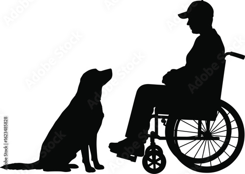 Silhouette of a Person in a Wheelchair Interacting with Their Loyal Dog, Symbolizing Companionship and Support.