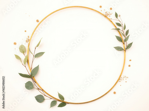 Circular floral arrangement with green leaves and golden accents  
