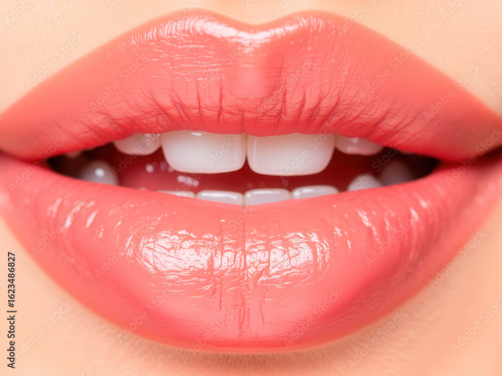 Obraz premium Closeup of glossy pink lips with white teeth smiling 