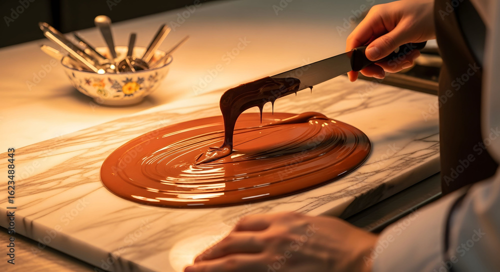 Obraz premium Chef tempering liquid chocolate for dessert preparation