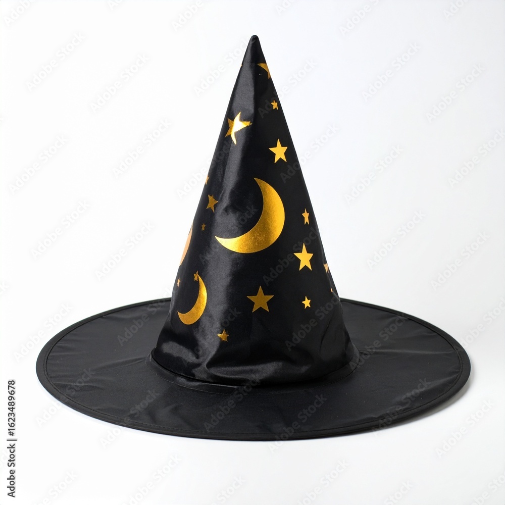Fototapeta premium Magical Black Witch Hat with Golden Stars and Moons.