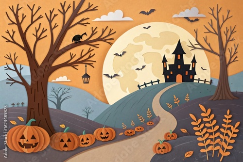 Spooky halloween scene with haunted castle and pumpkins under a full moon