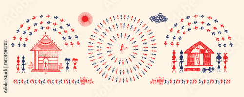 Celebrating Rural Life: Hand-Painted Scenes of Village Community in Warli Folk Art. Warli art, Indian rural life, Tribal art India, Warli painting