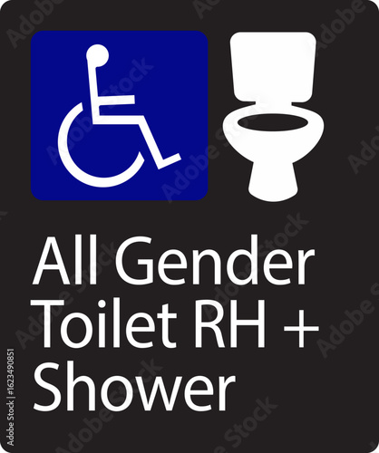 All Gender Accessible Toilet RH + Shower sign with braille and tactile features,All Gender Toilet RH Sign (Blue) – Tim The Sign Man