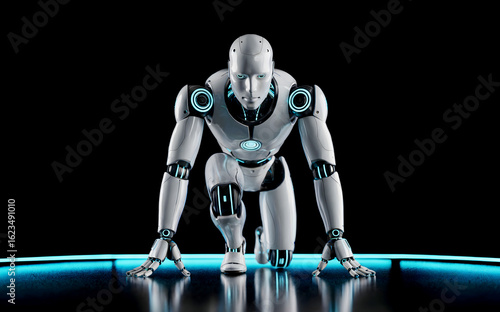 Futuristic robot poised to launch, ready to tackle AI challenges and innovations in dynamic technology-driven world with glowing blue accents