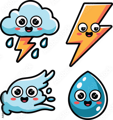 Storm Themed Weather Emoji Stickers Vector Illustration with Cute Kawaii Style Thundercloud, Raindrop, Lightning and wind gust Icons