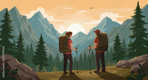 Adventurous couple with backpacks hiking in the mountains, pausing to admire the scenic sunrise over the peaks.