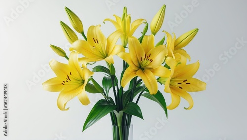 Wallpaper Mural A bouquet of yellow lilies with green leaves in a vase, fresh and vibrant, on a plain background. Torontodigital.ca