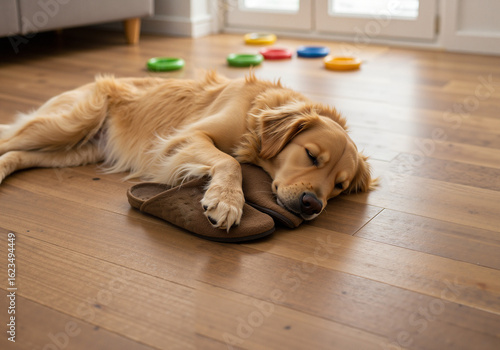 Golden retriever dog sleeping with owner's slipper on wooden floor  