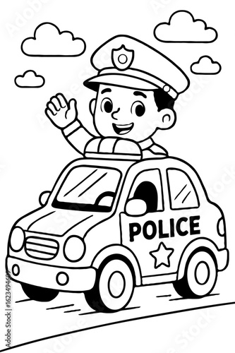 Cartoon police officer waving from his police car, a community helpers coloring book page.
