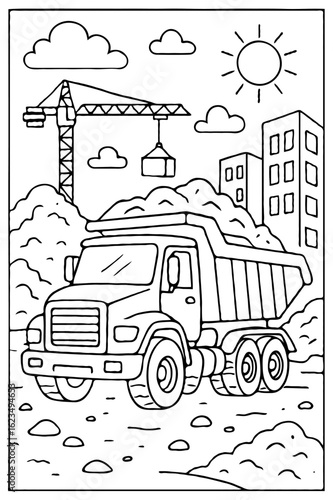 A big dump truck full of dirt at a busy construction site, kids coloring page.