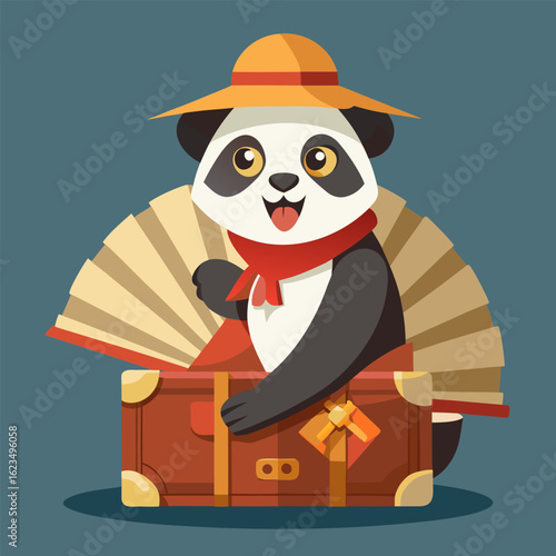 Panda bear popping out of a travel hatbox with a silk scarf and fan, Asian journey-themed vector illustration.