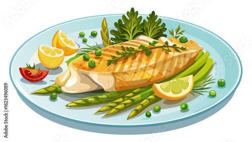 A delicious pan-seared cod fillet lies perfectly arranged beside vibrant asparagus. Seasoned with fragrant herbs, it rests elegantly on a white plate in a bright and clean culinary setting.