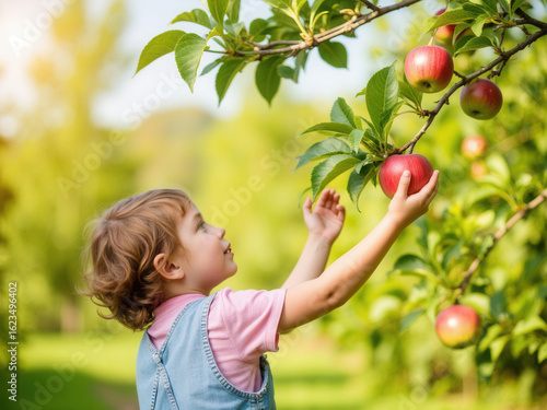 Young girl reaching for ripe apples on tree in sunny orchard  