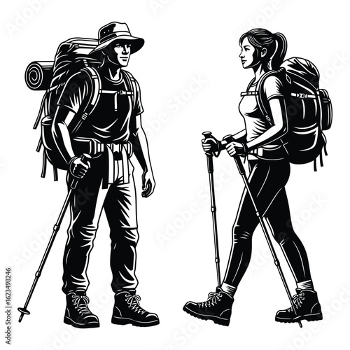 Vector Illustration of Two Hikers with Backpacks Exploring the Great Outdoors on a Mountain Trail
