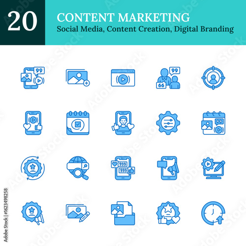 Content Marketing Blue Fill Outline Icon Sheet Vector Design - representing social media engagement, content creation, digital branding strategies, media, calendars, analytics, and editing