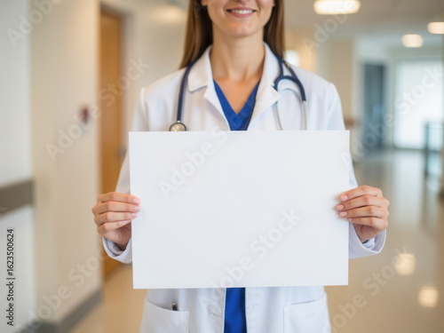 Female doctor holding blank sign in hospital corridor  