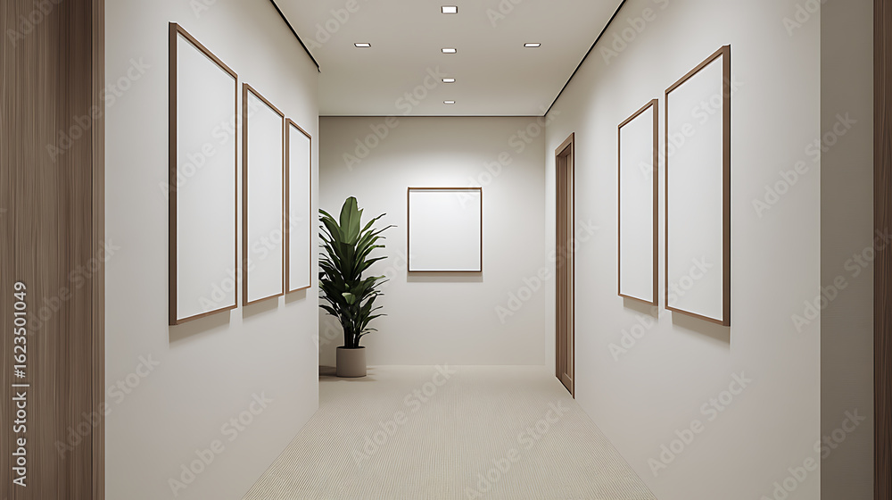Fototapeta premium Hallway with picture frames. Neutral color palette, natural light, and plant create a calm and inviting space.