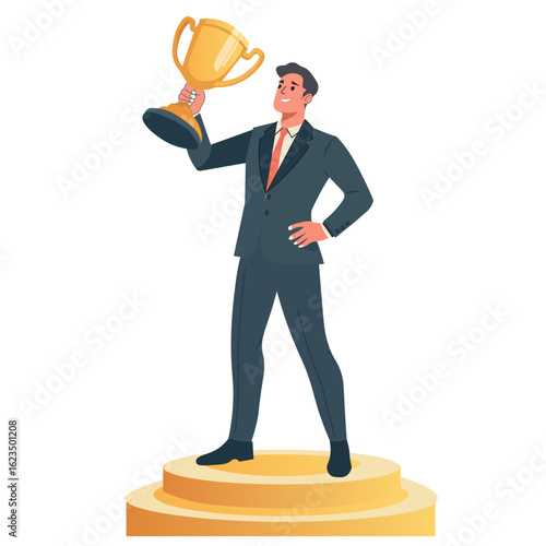 Happy businessman employee winner award ceremony flat style design vector illustration. Employee recognition and best worker competition award celebrating victory winner business concept.