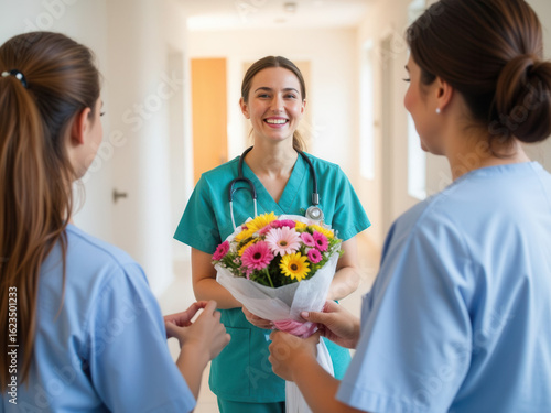 Smiling nurse receiving flowers from colleagues in hospital corridor  