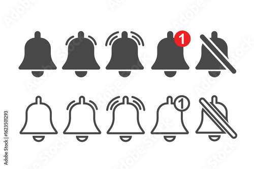 Notification and Alert Bell Icons in Silhouette and Line Styles