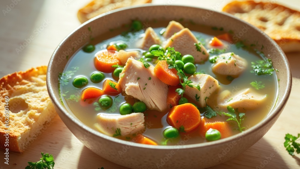 A bowl of chicken soup with carrots, peas, and herbs served with toasted bread. A bowl of chicken soup with carrots, peas, and herbs served with toasted bread.