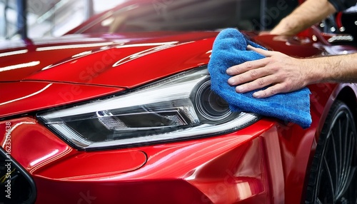red sports car detailing close up of headlight and fender being polished with microfiber cloth in auto body shop