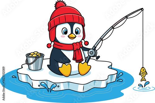 Cute cartoon penguin ice fishing on floating iceberg, wearing red hat and scarf, holding fishing rod with caught fish, winter illustration