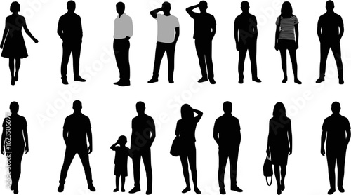 Vector silhouettes man and women, illustration. Silhouettes of young people posing in casual clothes. EPS version.
