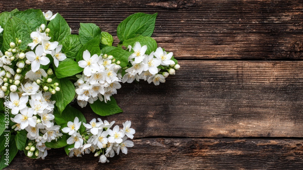 Delicate white flowers arranged on a rustic wooden surface. Delicate white flowers arranged on a rustic wooden surface.